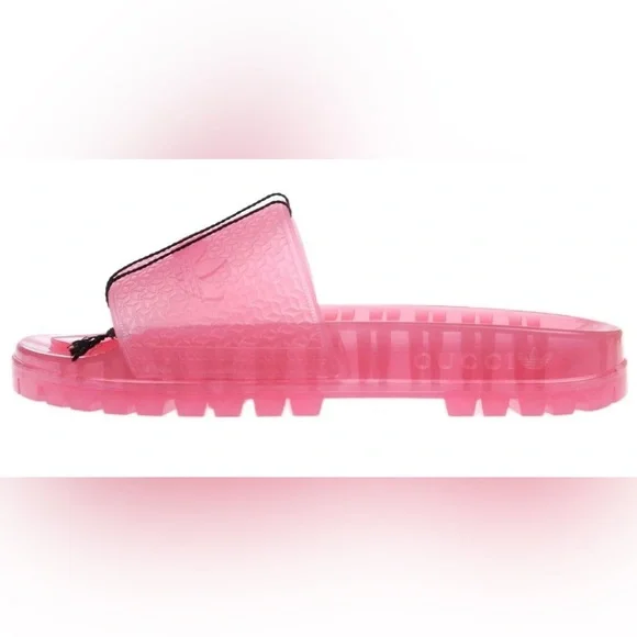 NEW GUCCI X ADIDAS LADIES PINK RUBBER LOGO SLIDE PLATFORM SANDAL